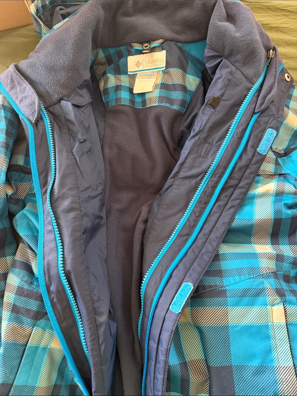 Columbia Boys Large 14/16 Waterproof Plaid Ski Jacket Outer Shell Only Teal Blue - Picture 7 of 7